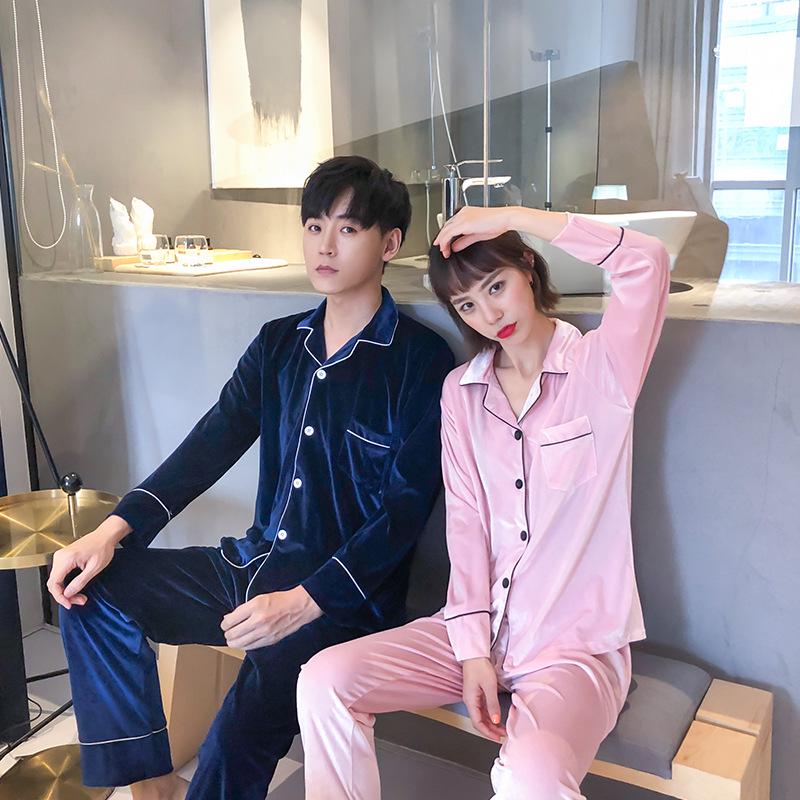 Couple's Gold Velvet Pajamas: Thin Fleece Two-Piece Set for Women & Men - Long Sleeve, Solid Color, Perfect for Spring & Autumn Homewear