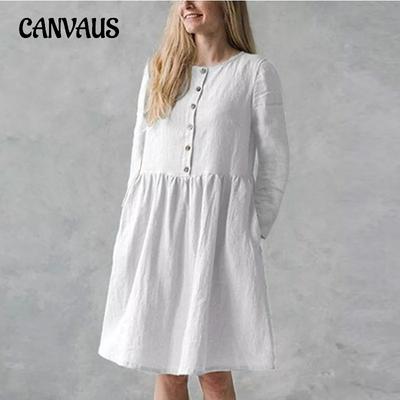 Φθινόπωρο Καλοκαίρι Γυναικείο Φόρεμα Μεγάλο Μέγεθος Μόδα Casual Μονόχρωμο Στρογγυλή Λαιμόκοψη Τσέπη Κουμπί Μακρύ Μανίκι Βαμβακερό Λινό Φορέματα