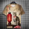 Summer Men's Fashion Casual Print Men's Cat Warrior Guard with Knife Art Print Hooded T-Shirt Round Neck Street T-Shirt Top