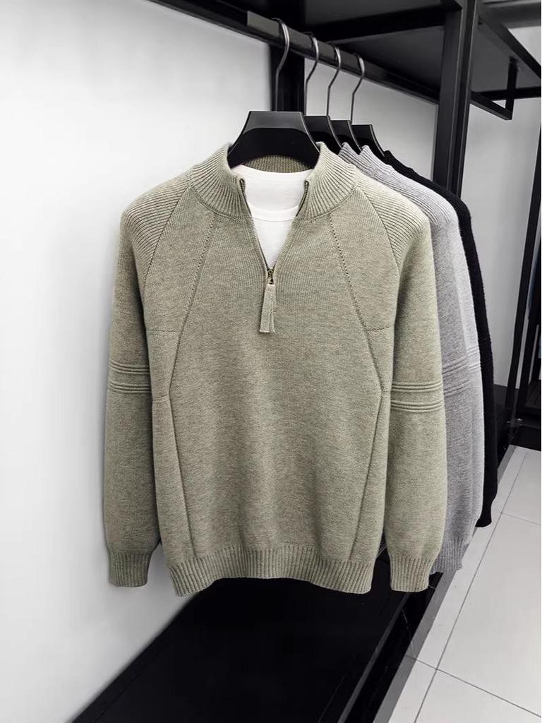 Men's Retro Jacquard Half-Zip Knit Sweater - Solid Color, Versatile, High Weight Layer for Autumn & Winter Casual Wear