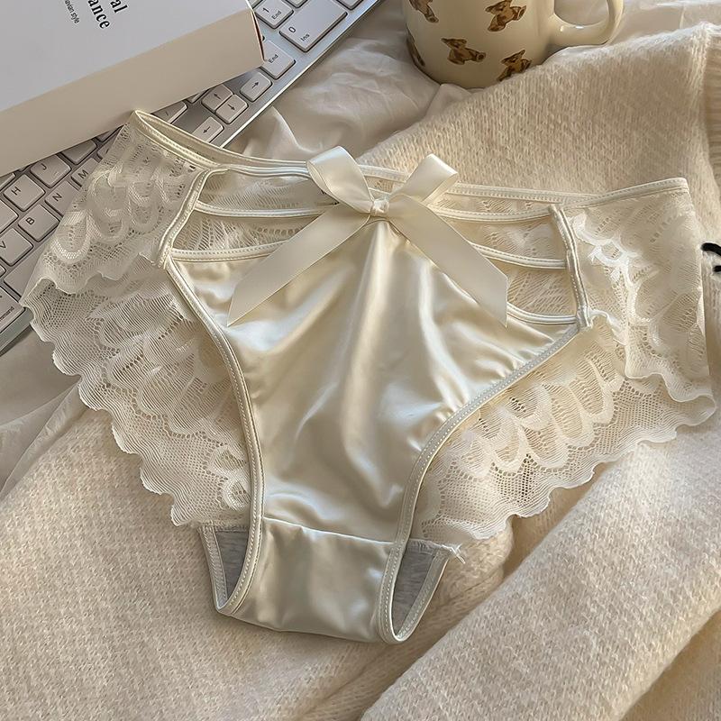 Pure Desire Wind Sexy Lace Bow Tie Cross Underwear Women's Pure Cotton Crotch Middle Waist Briefs Breathable Triangle Panties