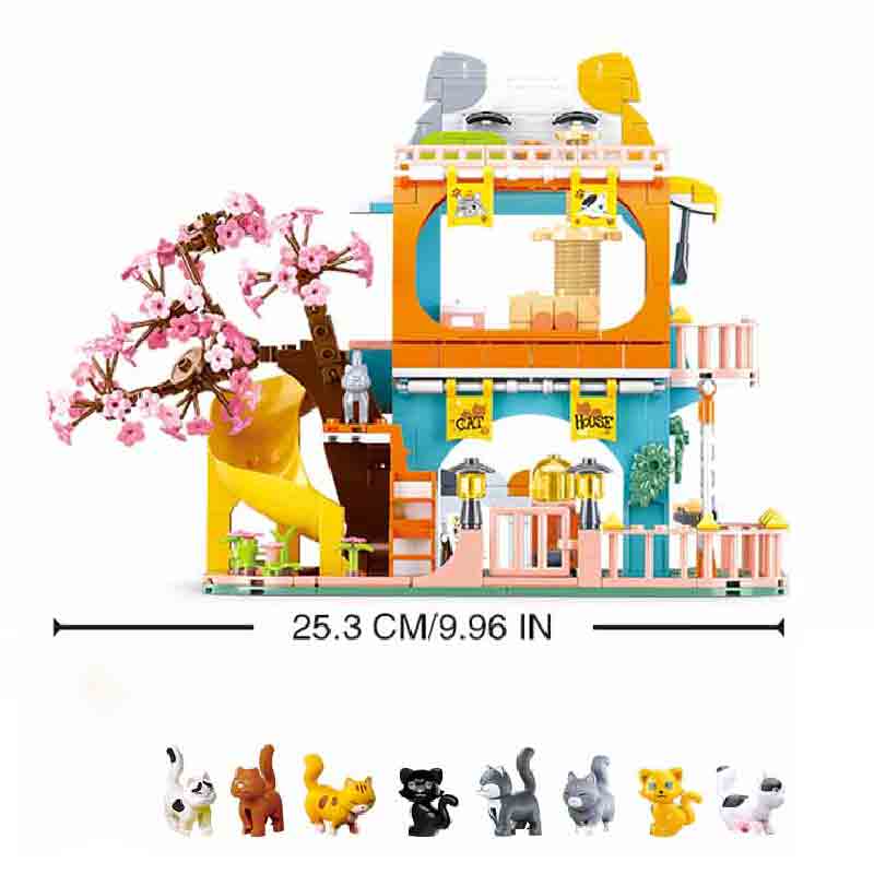 Non-Toxic City Cat Hotel Sets Children A-Frame Pet House Apartment Garden Villa Sakura Tree Building Blocks Friends Animal Toy Kid Gifts
