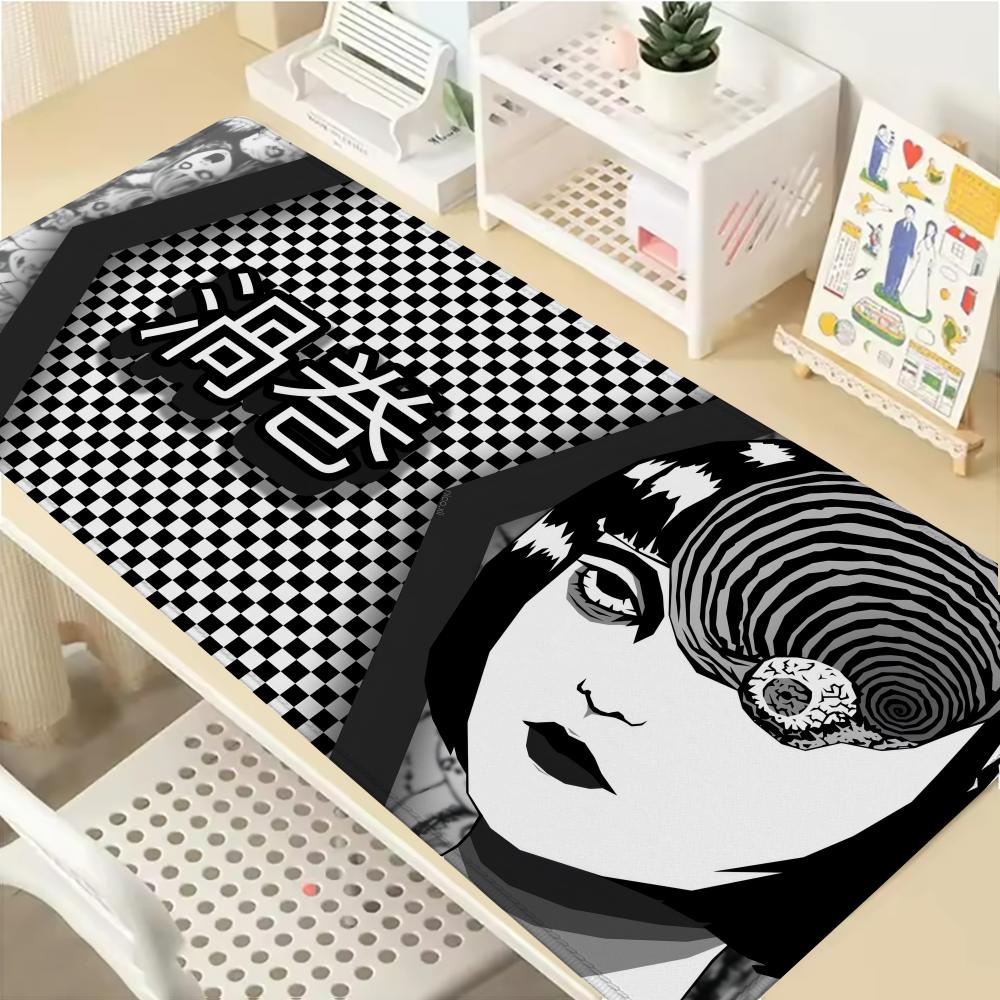 Gaming Mouse Pad with Antislip Base and Stitched EdgesBlack White Horror Manga Girl Print Desk Mat for PC Laptop Gaming