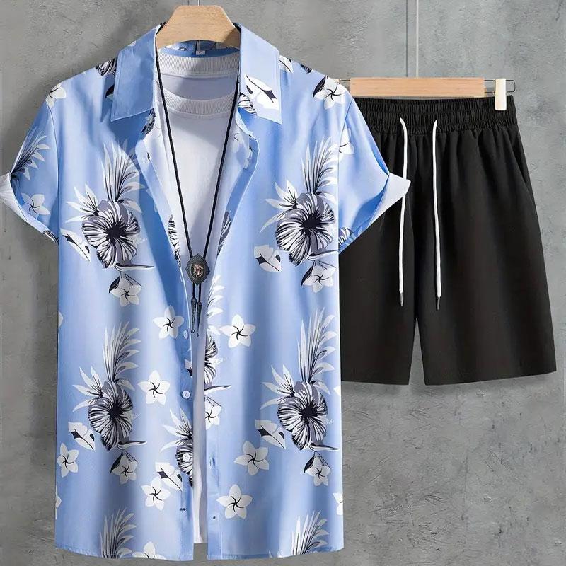 Hawaiis Neues Klassisches Herren Freizeithemd Bedrucktes T-Shirt und Zweiteilige Shorts Sommer Outdoor Reiseaktivitätskleidung