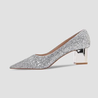 Summer Medium Thick Heel Sequin Crystal Shallow Cut High Heels Pointed Wedding Shoes