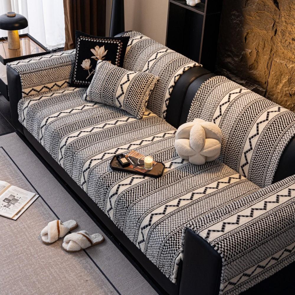 Coral Fleece Sofa Cushion One-Piece Non-Slip Washable Seat Pad Leather Couch Premium Striped Sofa Cover Cushion Sofa Armrest