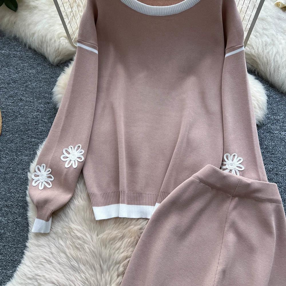 Autumn Winter Women Vintage Embroidery Flower Knitted Sweater Trouser Two Piece Set O-neck Pullover Tops and Pant Tracksuit