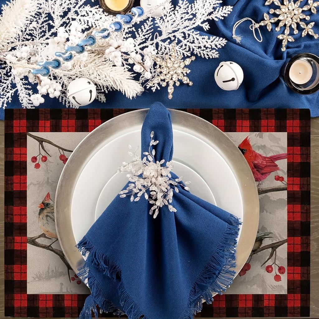 1-Pack Vintage Bird Branch Plaid Linen Placemats,Christmas Farmhouse Holiday Party Decor, Red Buffalo Plaid Design