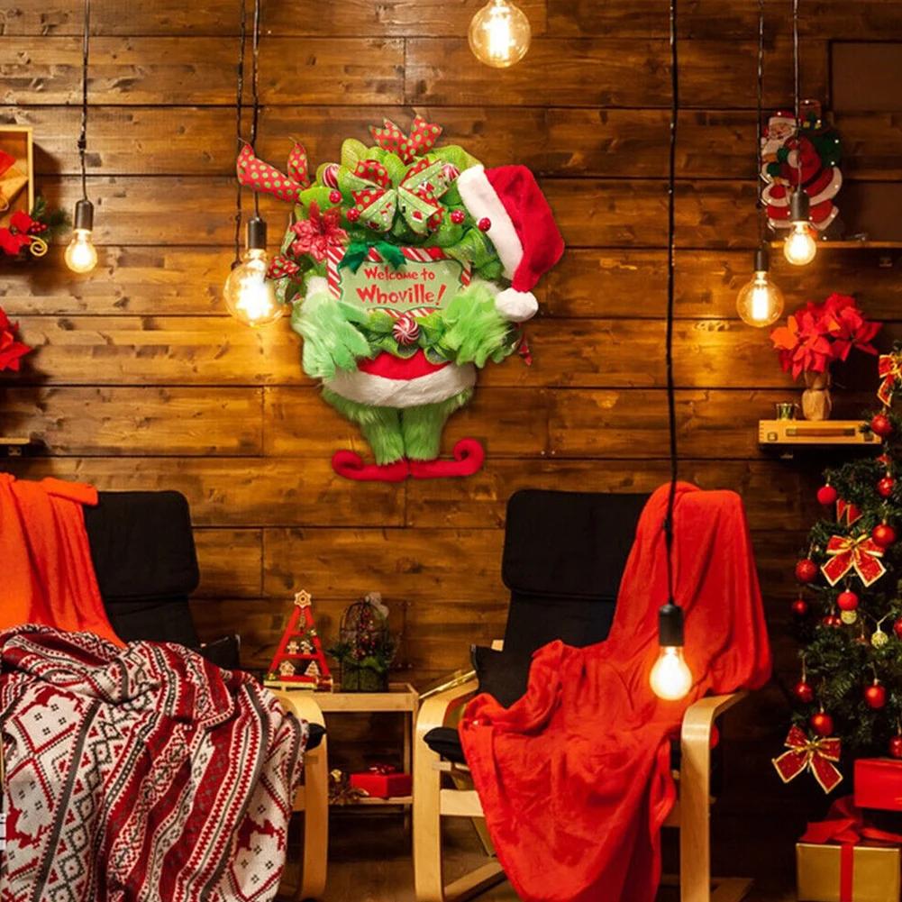 Grünes haariges Monster zum Aufhängen, Weihnachtsdieb-Kranz für den Kaminsims vor der Tür, grüne Elfenbeine, Weihnachtskranz, Heimdekoration