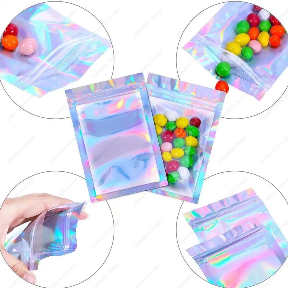 400-1Pc Plastic Color Laser Sealing Bags Resealable Holographic Bag Candy Food Pouch Necklace Gift Jewelry Packaging Storage Bag