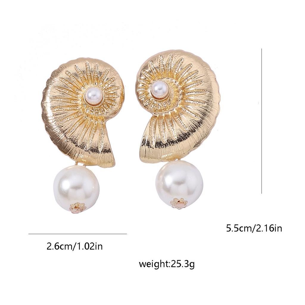 Beach fashion style imitation pearl conch earrings, retro style, simple and versatile, summer vacation style earrings