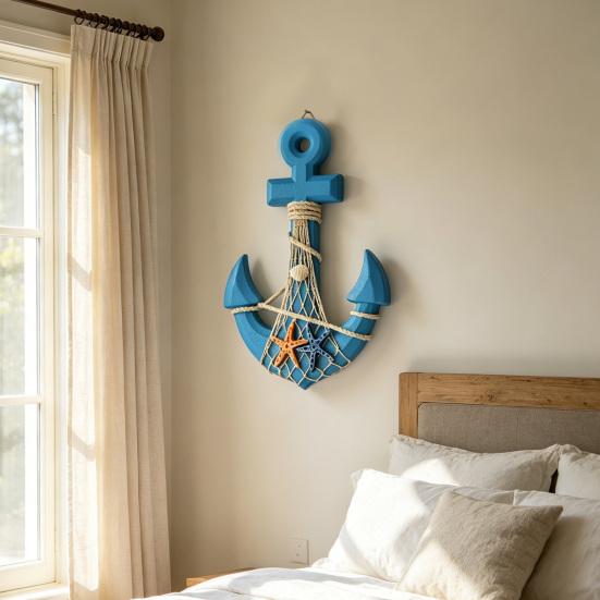 13" Nautical Wooden Wall Art with Hemp Rope Coastal Beach Theme Wall Hanging Ornament with Shells Starfishes for Home Bathroom Living Room Bedroom