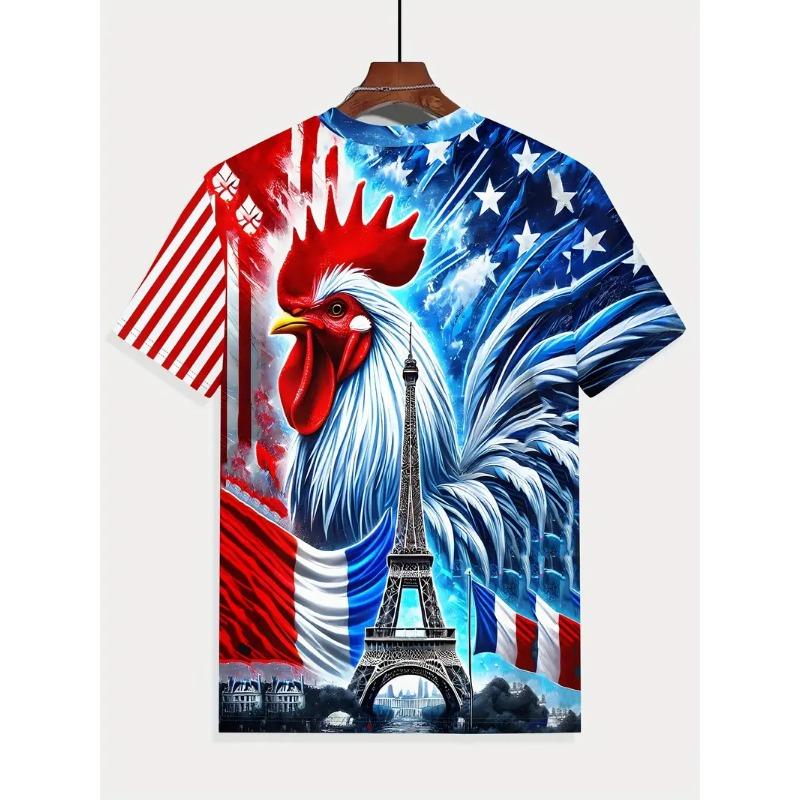 Men's 3D Rooster Printed T-shirt Humorous Digital Printed Short Sleeved T-shirt Breathable Polyester Round Neck Casual