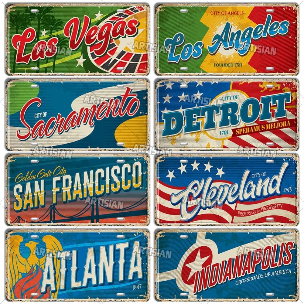 USA License Plate Landmark Metal Wall Sculpture|US City/State Design,Tin Plaque,Halloween&Christmas Gift,Garage/Bar/Cafe Decor