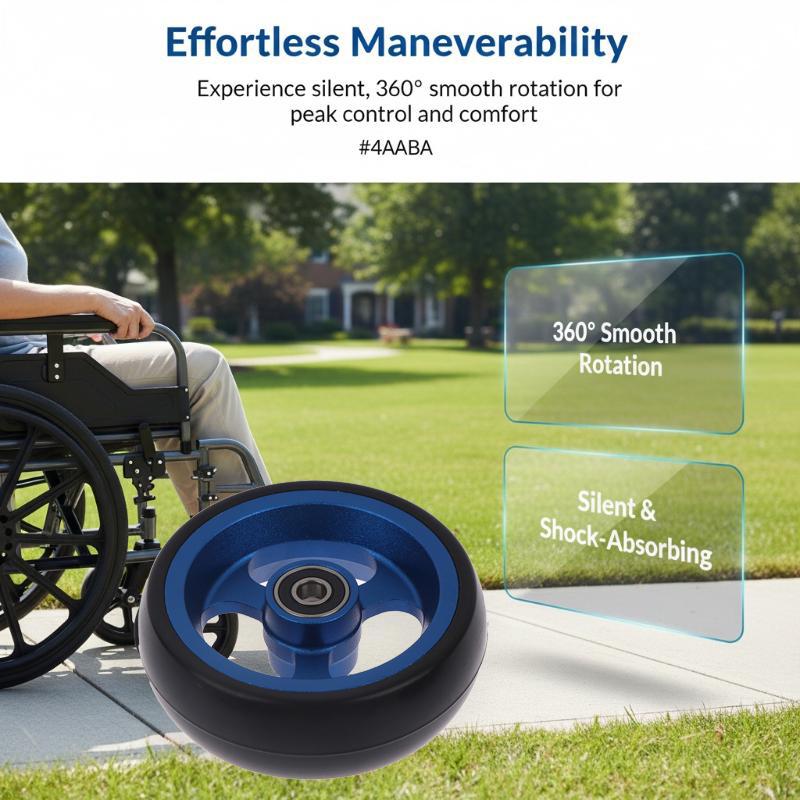 Wheelchair Front Caster Wheel, 4" PU Solid Tire with Aluminum Alloy Hub, Bearing I.D. 8mm, Swivel Caster Replacement