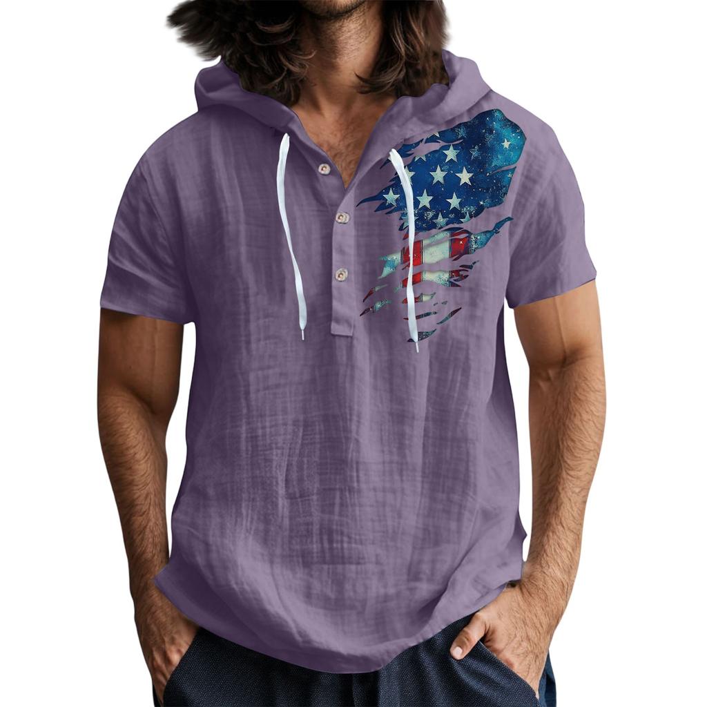 Men'S Casual Short Sleeved Hooded Top Buttoned Open Neck T-Shirt