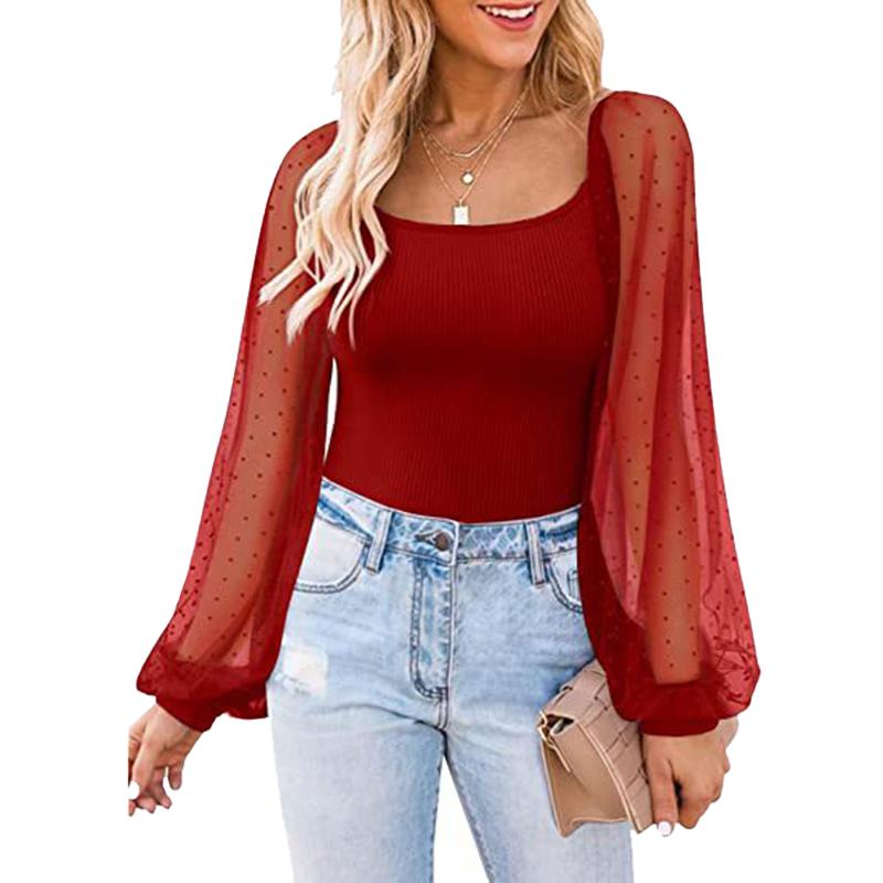 Women's See-through Lantern Sleeves Tops Splicing Slim Tops