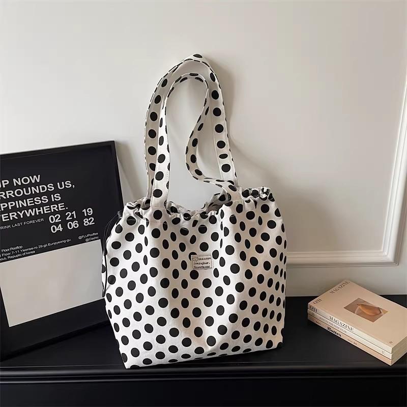 Polka Dot Canvas Tote Bag With Drawstring Closure Large Capacity Shoulder Bag Casual Shopping Bag Women Daily Commute Handbag