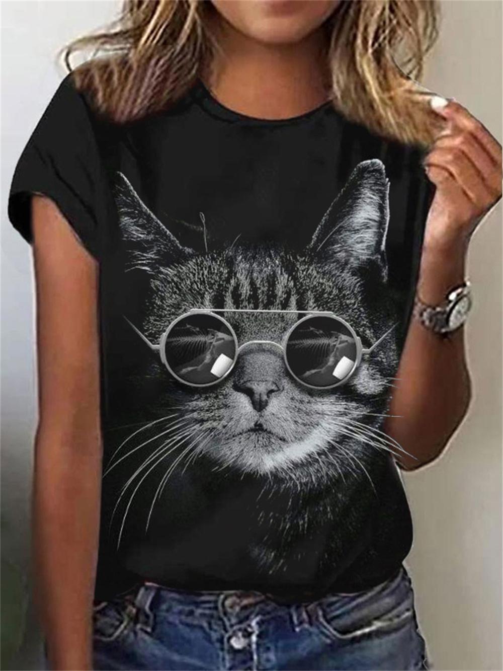 

Летняя женская футболка с круглым вырезом, повседневная, свободный дизайн, топ в стиле Харадзюку, модная футболка с короткими рукавами и 3D-принтом с изображением кошки 8XL