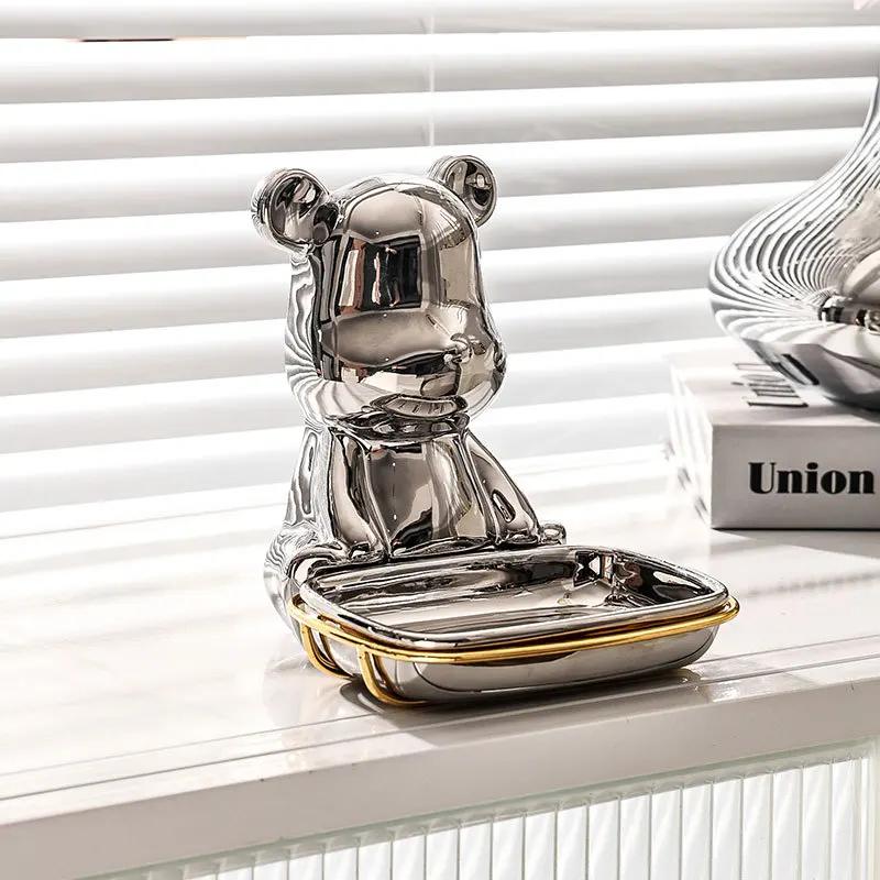 Light Luxury Bear Soap Box Ceramics Bathroom Holder Dish Golden Storage Drain Plate Tray Shower Supplies Gadgets