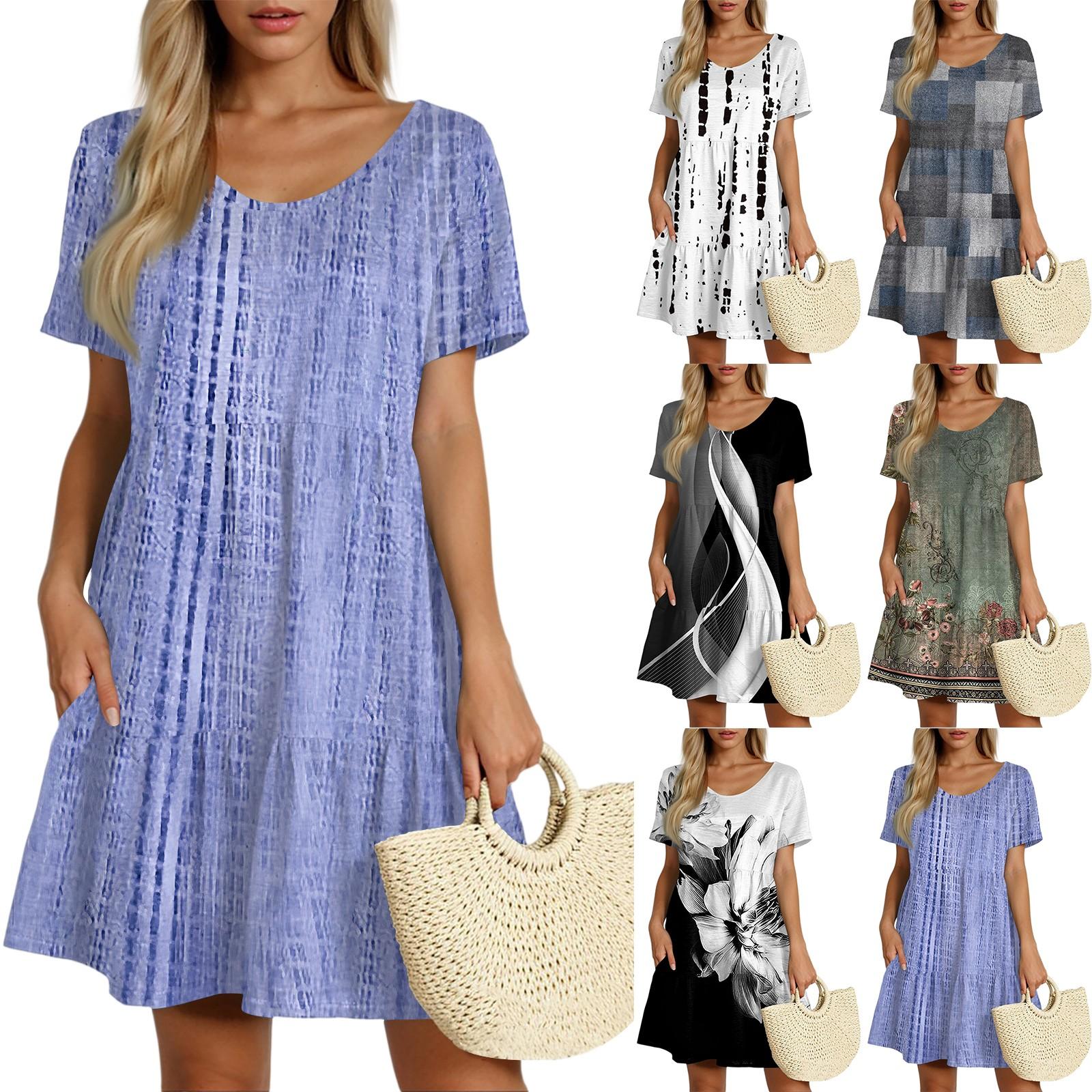 

Women s Casual Fashion Round Neck Short Sleeve Retro Cake Skirt XXL