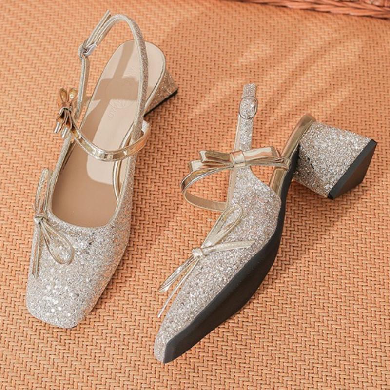 Fashion Bling Bow Mary Jane Shoes Women Fashion Square Toe Back Strap Buckle High Heel Sandals Sweet Wedges Dress Shoes Sandalias Mujer