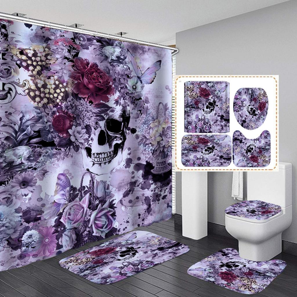 Purple Rose Moon Shower Curtain Waterproof Polyester Washable Non-Slip Mat Rugs Carpet Toilet Seat Cover Bathtub Bathroom Decor