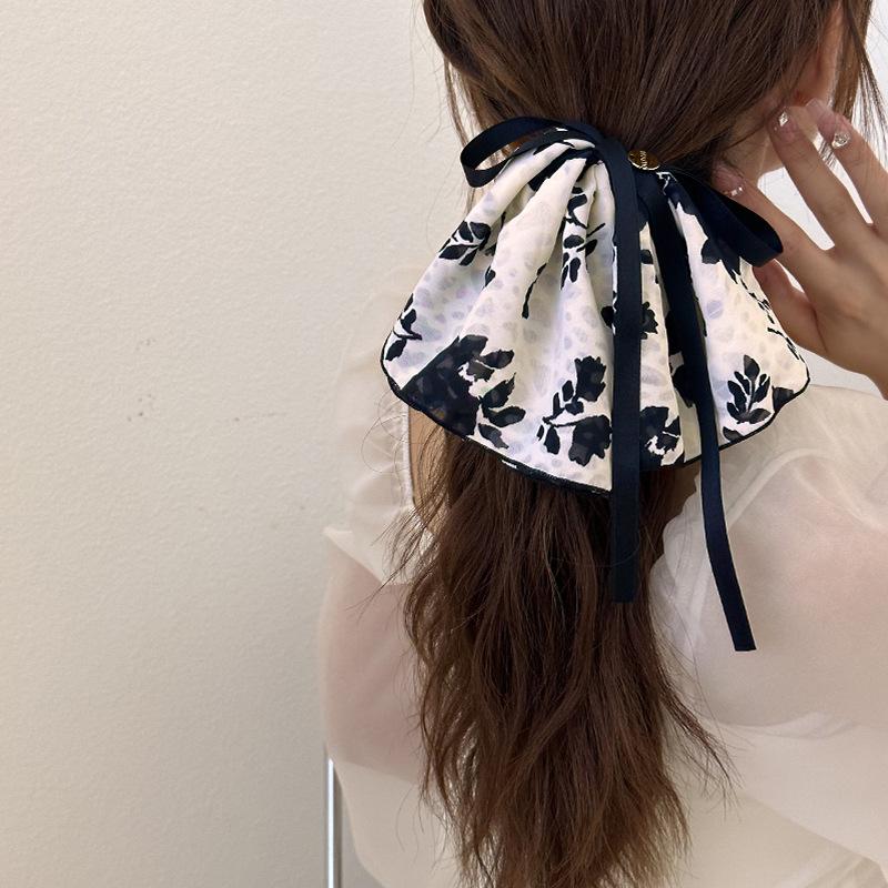 New Vintage Print Bow Ink Skirt Elastic Scrunchie Headband Elegant Fashion Lady Ponytail Streamer Hair Rope Hair Accessories