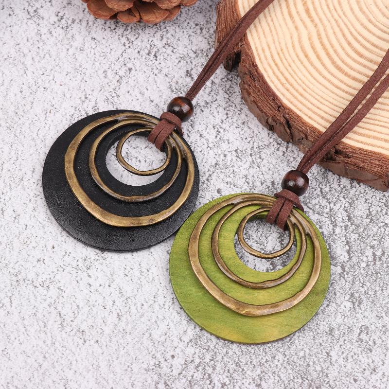 Leather Cord Chain Multilayer Geometric Circle Wooden Pendant Necklaces Vintage Long Sweater Necklace Jewelry Gifts