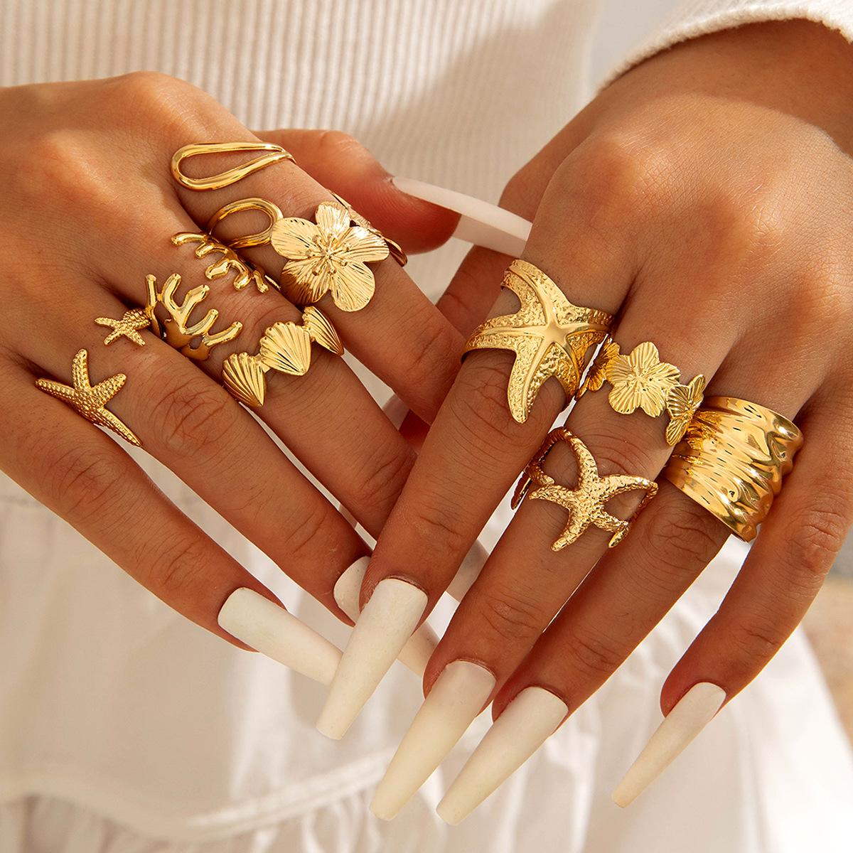New Ocean Wind Casual Starfish Metal Opening Ring Beach Vacation Ladies Ring Set
