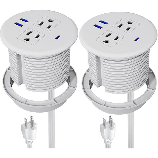 2 Pack Recessed Power Grommet 3 Inch,20W Fast Charging USB C.Fadossu Desktop Flush-Mount Power Grommet Outlet with 2-AC Outlet,3-USB Port,Fit 3-1/8"