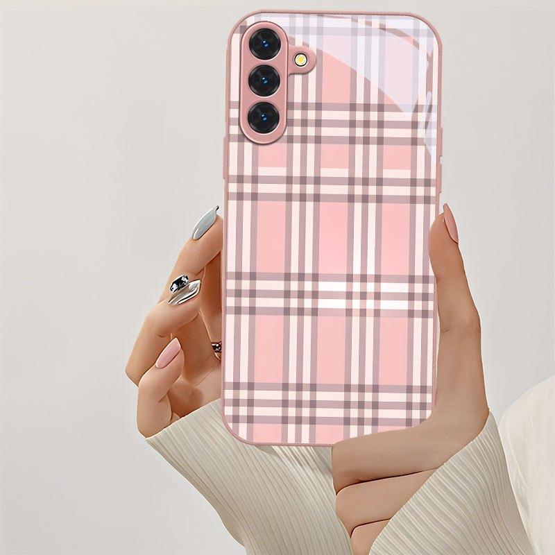 Pink checkered pattern glass phone case suitable for Samsung Galaxy S26 S25 S24 S23 S22 S20 FE/Ultra/Plus anti drop back cover