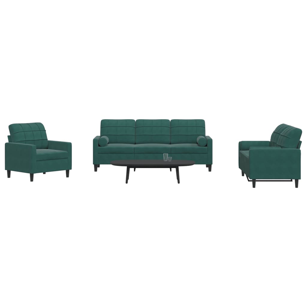 3 Piece Sofa Set with Cushions and Neck Rolls Dark Green Velvet