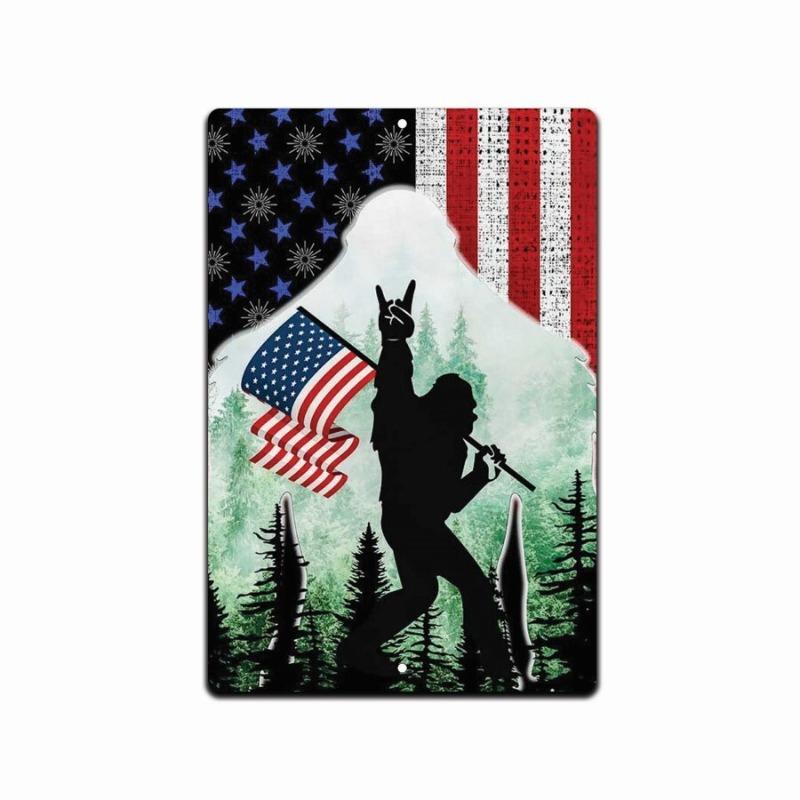 

Bigfoot Rock On Flag Tin Sign, Funny Sasquatch Metal Wall Art 8x12 Inch