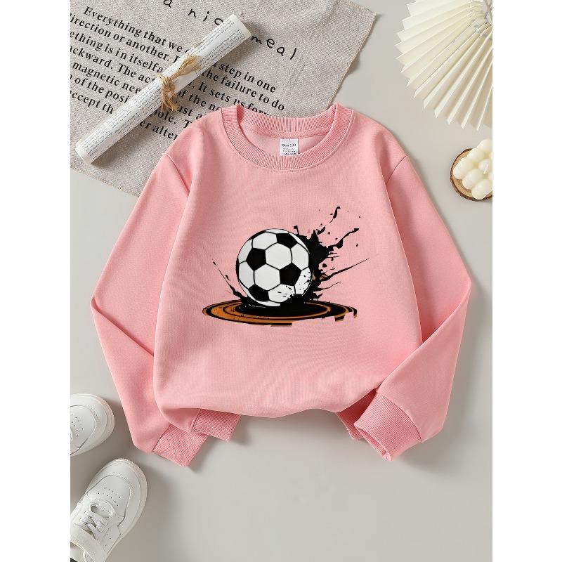 European sizes Soccer Ball Splash Girls' Crew Neck Sweatshirt, Autumn Winter Western Top, Long Sleeved Casual.