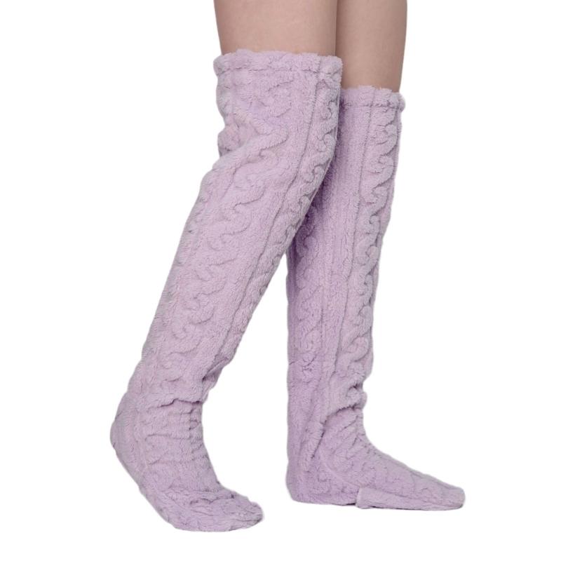 Women Furry Thigh High Slipper Socks Solid Color Cable Pattern Fleece Fuzzy Over Knee Stockings Winter Warm Leg Warmers