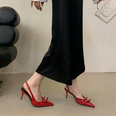 New Red Pointed Bow High Heel Sandals Women's Thin Heel Buckle Bag Head Empty Single Shoes
