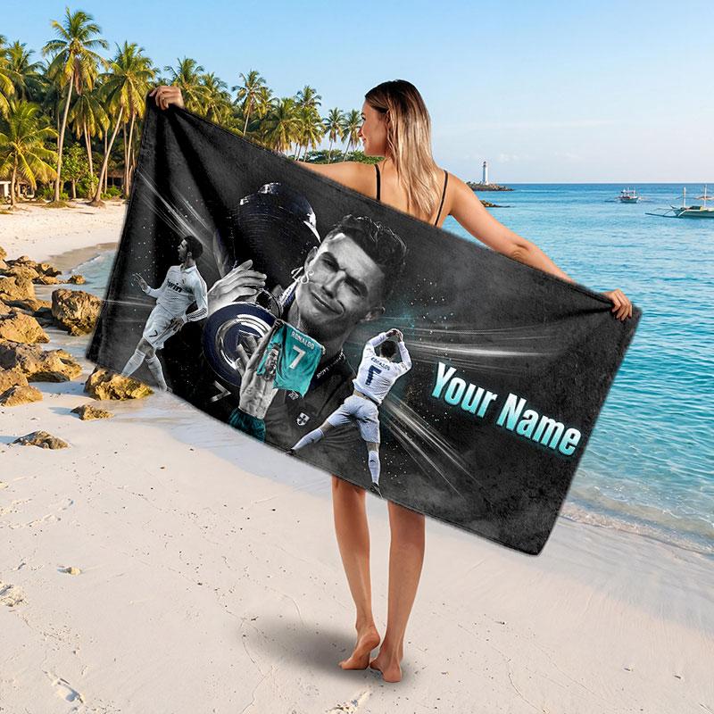 Cristiano Ronaldo Custom Beach Towel, Personalized Name Text Print, Football Logo Soft Quick‑Dry Towel Holiday Gift