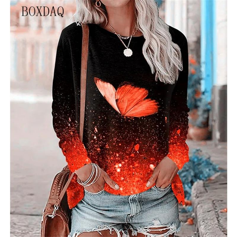 Butterfly Pattern Women Street Hip Hop T-Shirts Long Sleeve Spring Autumn 3d Tie-dye Print Fashion Ladies Tees 6XL Big Size Tops