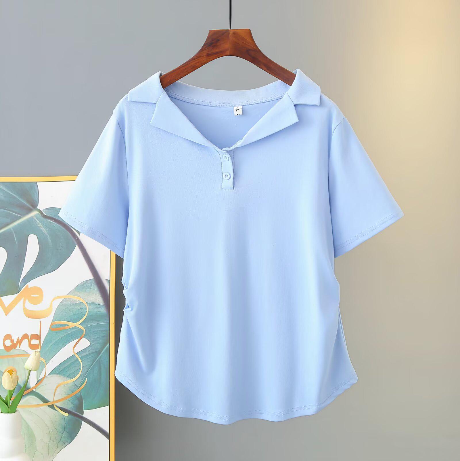 Plus Size Women s Lapel Short Sleeve Cotton T-shirt - Slimming Pleated Waist Summer Top XL