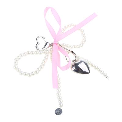 Cute Bowknot Beaded Pendant Cellphone Charm Phone Chain Heart Keychain Ornament Keyring for Bag Purse Backpack Decors