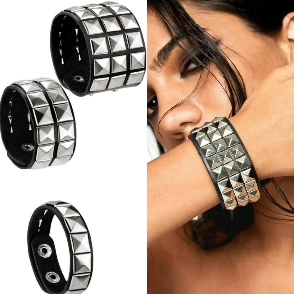 Black Leather Goth Square Washer Rivet Bracelet Cuff Wristband Punk Stainless Steel Bracelets for Armbands Men Women Party Gift