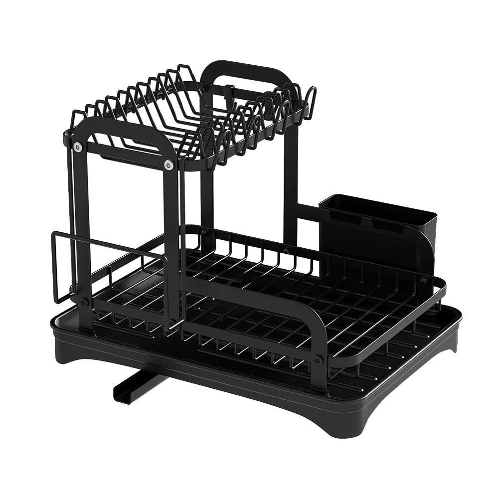

Double Layer Dish Drainer Rack - 2 Tier Kitchen Sink Organizer with Utensil Basket & Drainboard, Large Capacity For Drying Rack чёрный