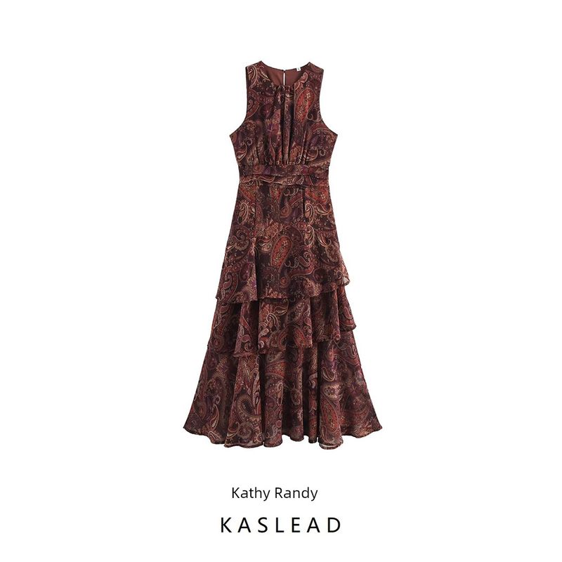 Kaslead New Arrival Women's Clothing Fashion Style Fashion Minimalist Print Chiffon Laminated Sleeveless Dress