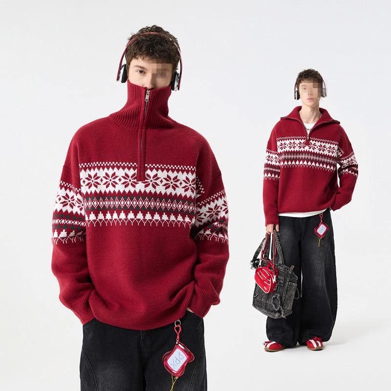 

Unisex Korean Style Arctic Velvet Half-Zip High Neck Sweater - Trendy Autumn/Winter Knit Pullover for Couples. Extra Large червоний