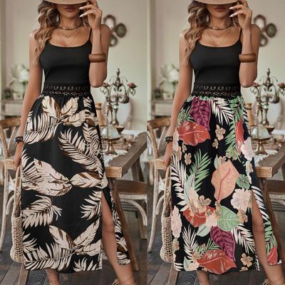 Vestido Feminino de Primavera Cor Sólida Estampado Sem Mangas Alças Finas Verão Casual A-Line Cintura Alta Tomara que Caia Camisola Vestidos Longos XS-XL