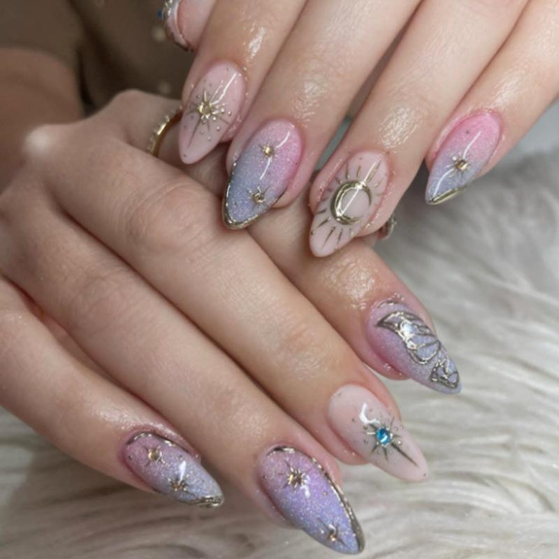 24Pcs Gold Cat Eye French Pearl Fake Nails Medium Almond Glitter Irregular Line Press On Nails