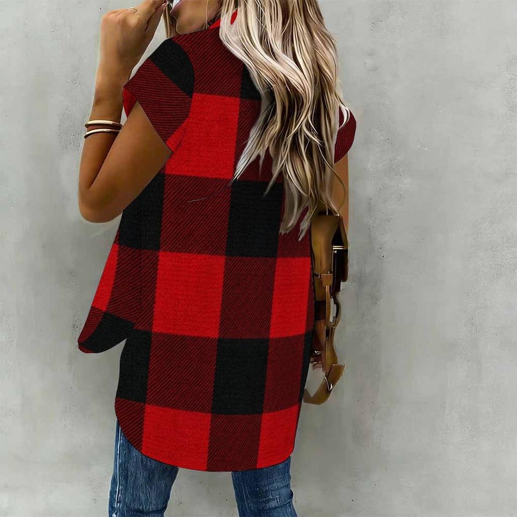 Women Plus Size Brown Blue Plaid Printed Collared Neck Short Sleeve Button Front High Low Curved Hem Shirt
