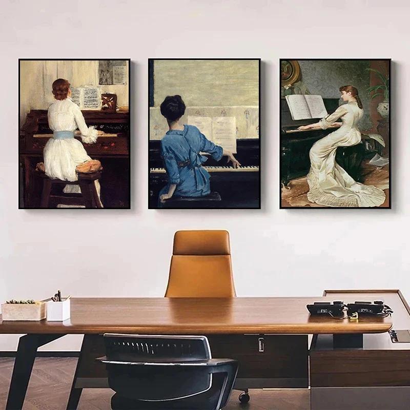 Vintage Play Piano Girls Aesthetic Canvas Painting Posters and Prints Wall Art Picture For Living Room Decoration