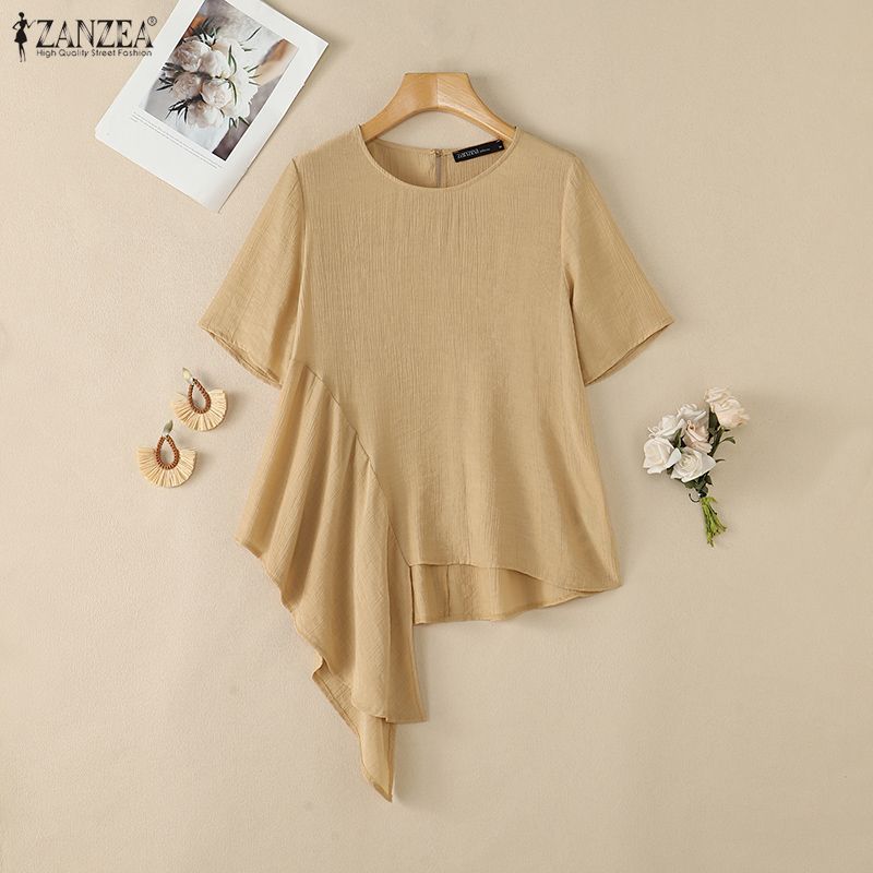 ZANZEA Women Casual Round Neck Solid Color Loose Short Sleeve Blouse